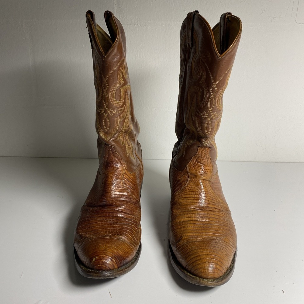 Tony Lama 8950 Teju Lizard Cowboy Western Boots Cognac Brown Men's 12EE Made USA